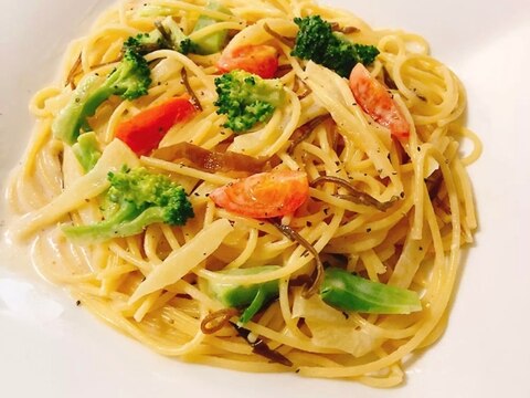 【白ワインに合う】たくあんと塩昆布のクリームパスタ